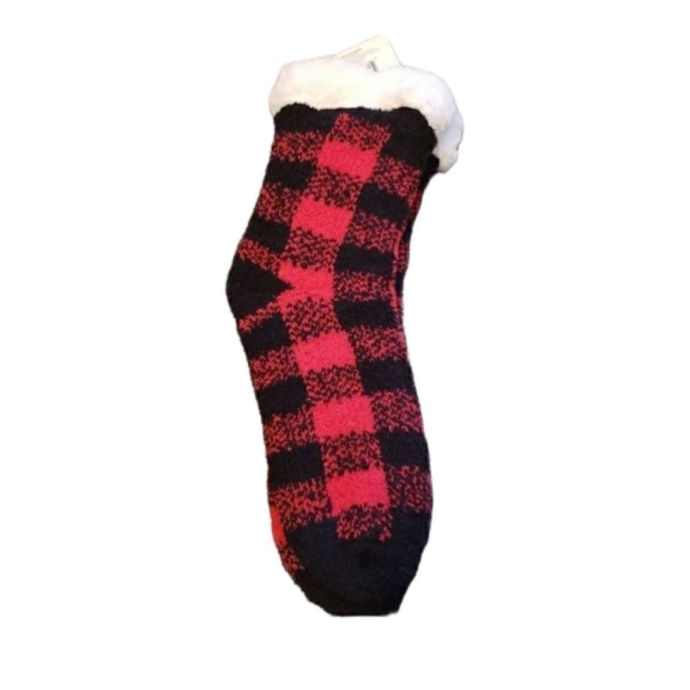 Ladies Lounge Socks Cozy Fuzzy Plaid Sherpa Lined sz 4 to 10 red black NWT